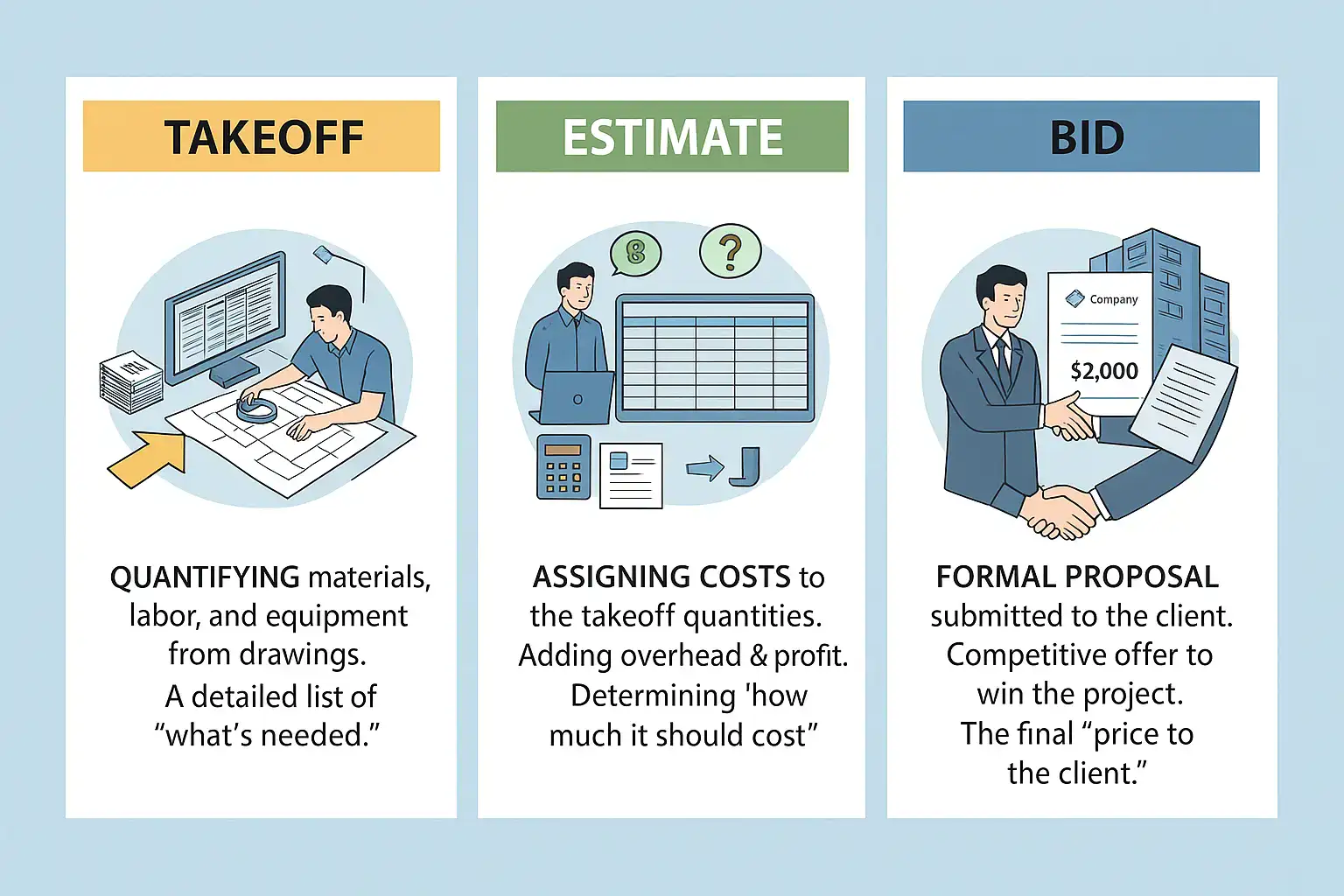 Takeoff vs Estimate vs Bid in Construction