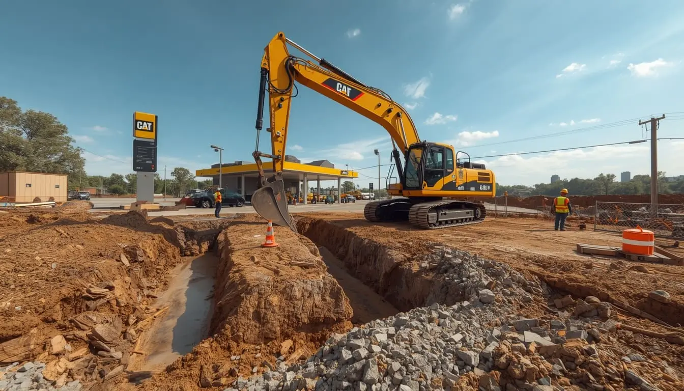 Excavator grading and installing drainage for a new car wash construction site