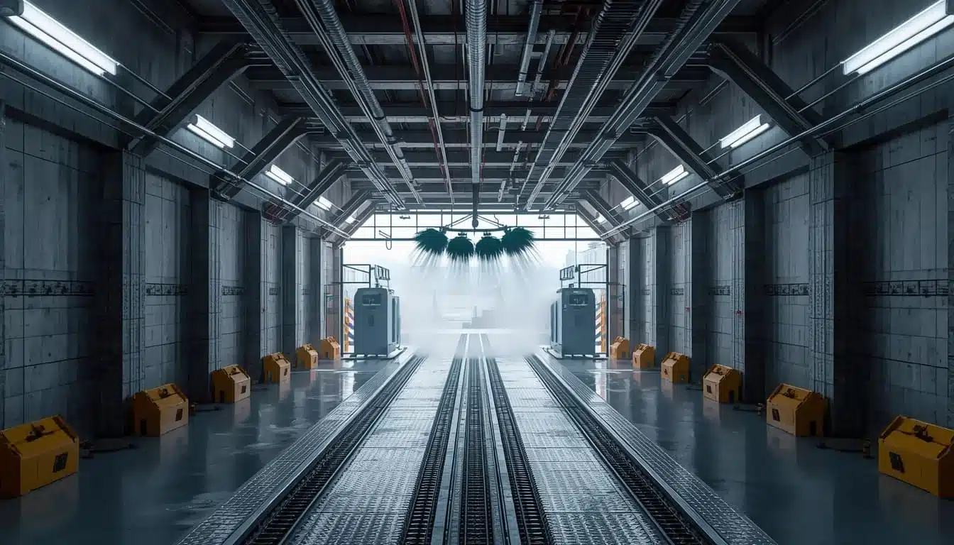 Conveyor and wash equipment being installed inside a car wash tunnel building