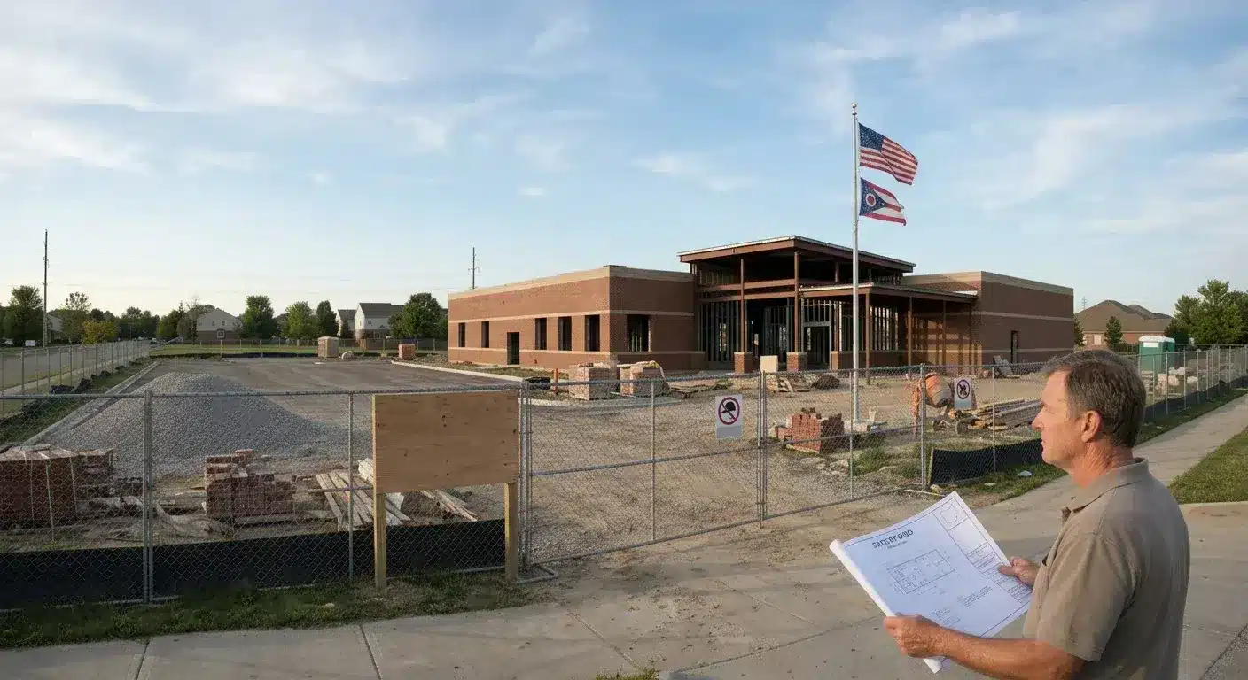 Ohio Estimates An architect holds blueprints at a construction site with the American and Ohio flags flying.